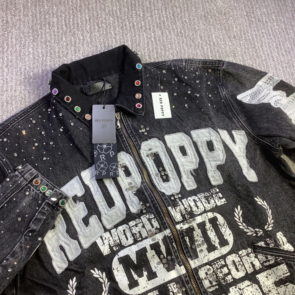 Red Poppy Mens Black Wash Embellished Graphic Denim Jacket Size XL NWT